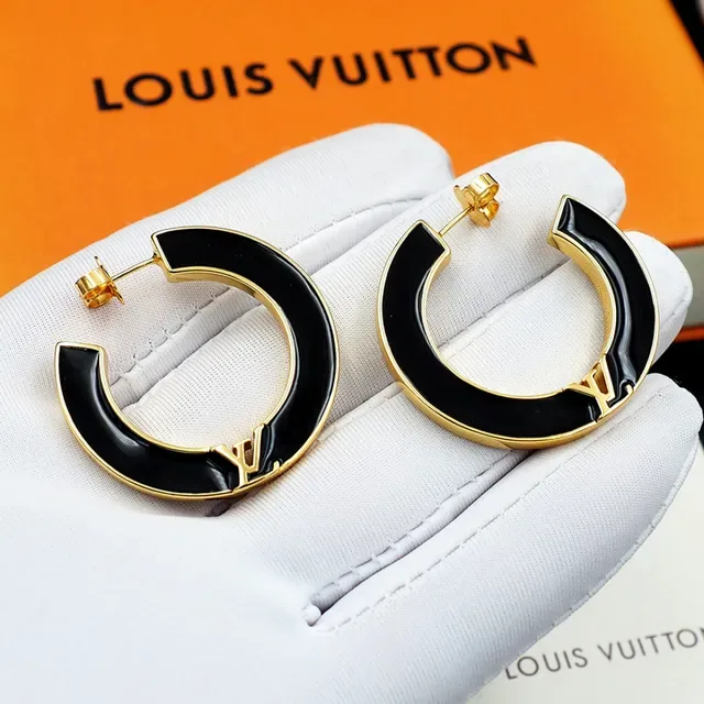Louis Vuitton C-Shaped Hoop Black Gold Enamel Inlay Earrings 9