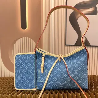 Louis Vuitton Denim Hobo Blue Beige Monogram Slouchy Silhouette Hobo Bag