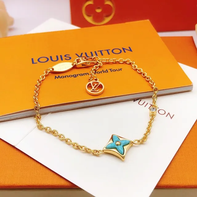 Louis Vuitton Pulseira de Corrente de Ouro com Motivo de Flor e Esmalte Turquesa 4