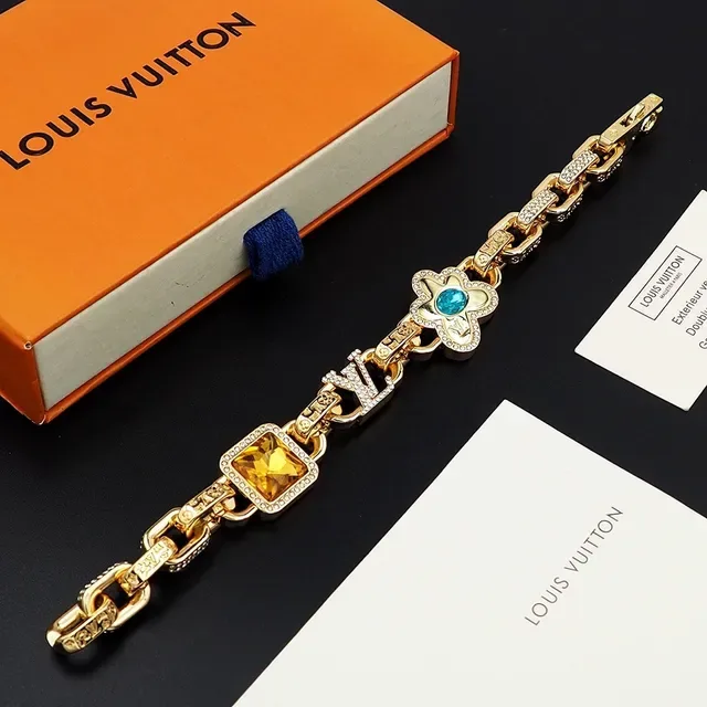 Louis Vuitton Gold Blue Chain-Link Pavé-Crystal Embellished Bracelet 4