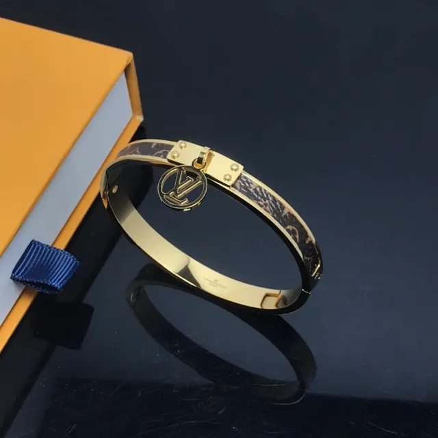 Louis Vuitton Gold Brown Hinged Bangle Monogram Leather Inlay Bracelet 3