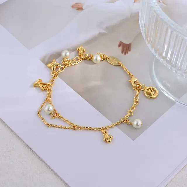 Louis Vuitton Gold White Chain Pearl Accents Bracelet 7