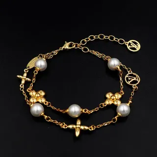 Louis Vuitton Gold White إسورة سلسلة مزدوجة مرصعة بلؤلؤ