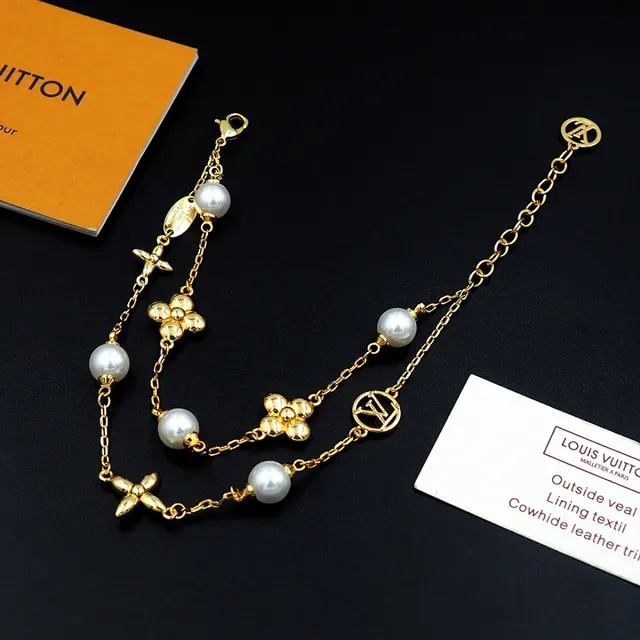 Louis Vuitton Gold White Double-Chain Pearl-Accented Bracelet 7