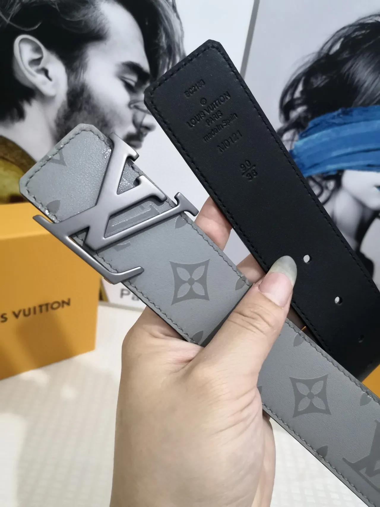 Louis Vuitton Gray Black Monogram-Printed Reversible Leather Belt 4