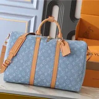 Louis Vuitton Keepall Bandoulière Denim Monogram Blue and Tan Duffle Bag