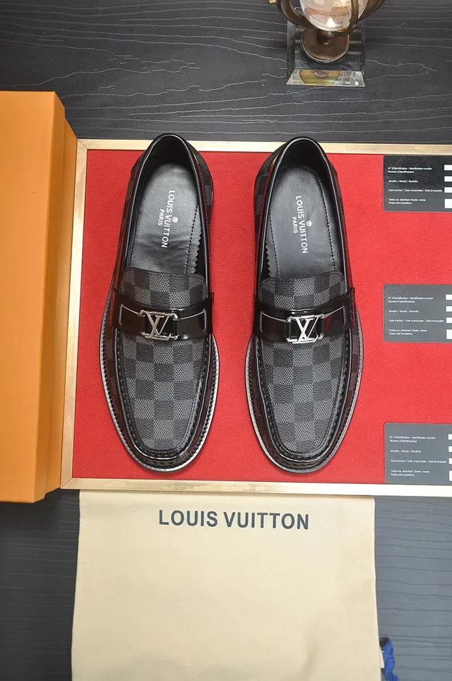 Louis Vuitton Mocassin Noir Gris Damier Monogram Cuir Sangle Patent Mocassin 5