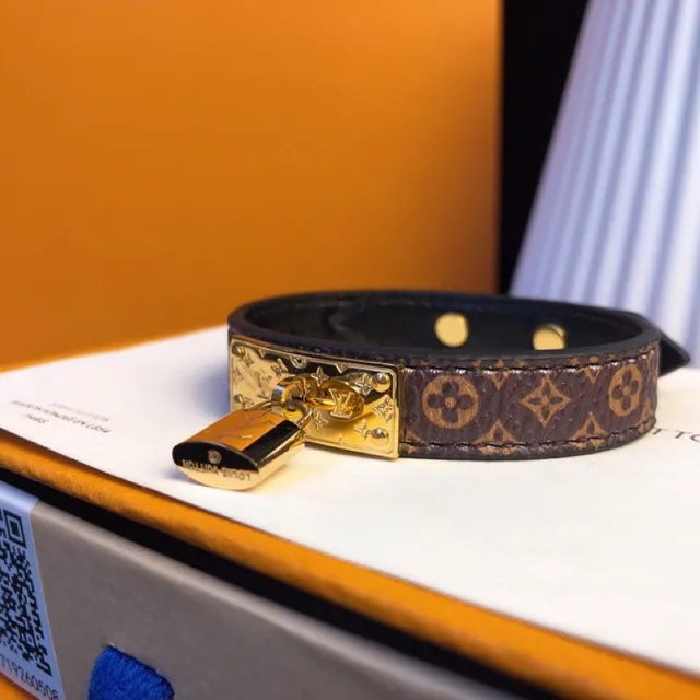 Louis Vuitton Locky marrón dorado Monogram canvas Padlock cinturón de cuero 3