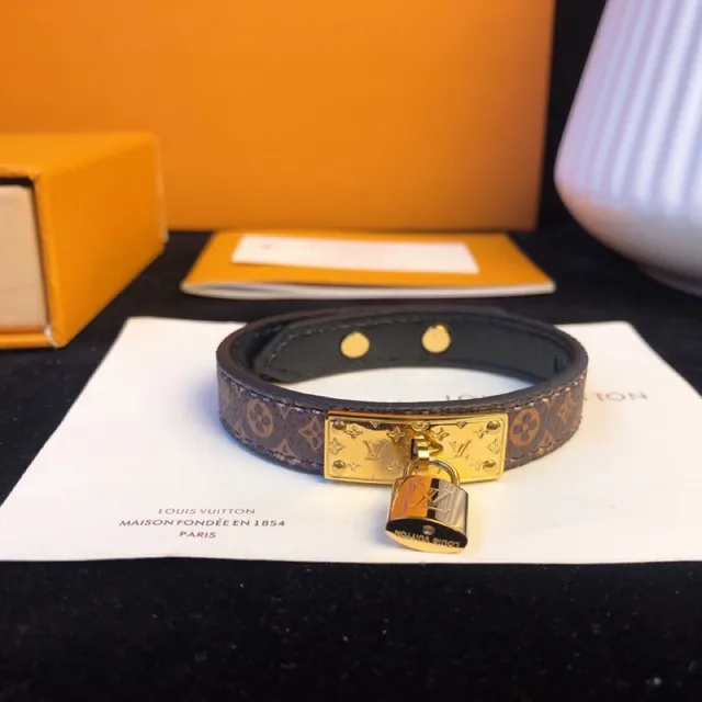 Louis Vuitton Locky marrón dorado Monogram canvas Padlock cinturón de cuero 4