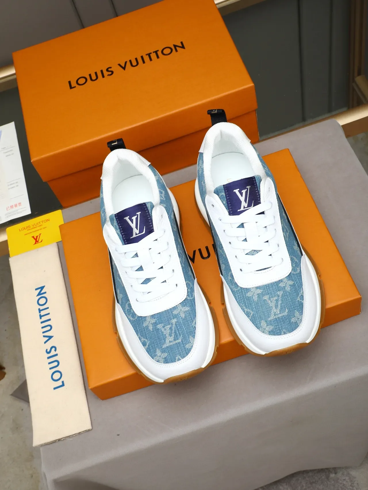 Louis Vuitton LV Trainer Blue White Monogram Canvas Upper Leather Overlays Lifestyle Sneakers 3