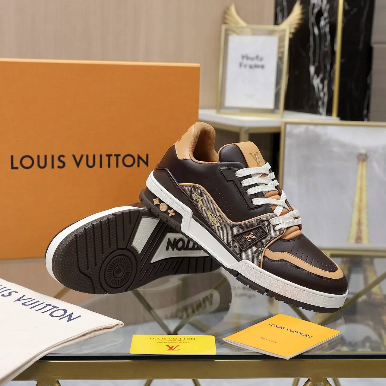 Louis Vuitton LV Trainer Brown Beige Monogram Canvas Panel Perforated Leather Overlays Lifestyle Sneakers 2