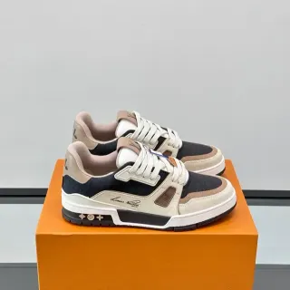 Louis Vuitton LV Trainer Tênis Navy Beige Camada Superior Material Misto Detalhe Alça Assimétrica Tênis Lifestyle