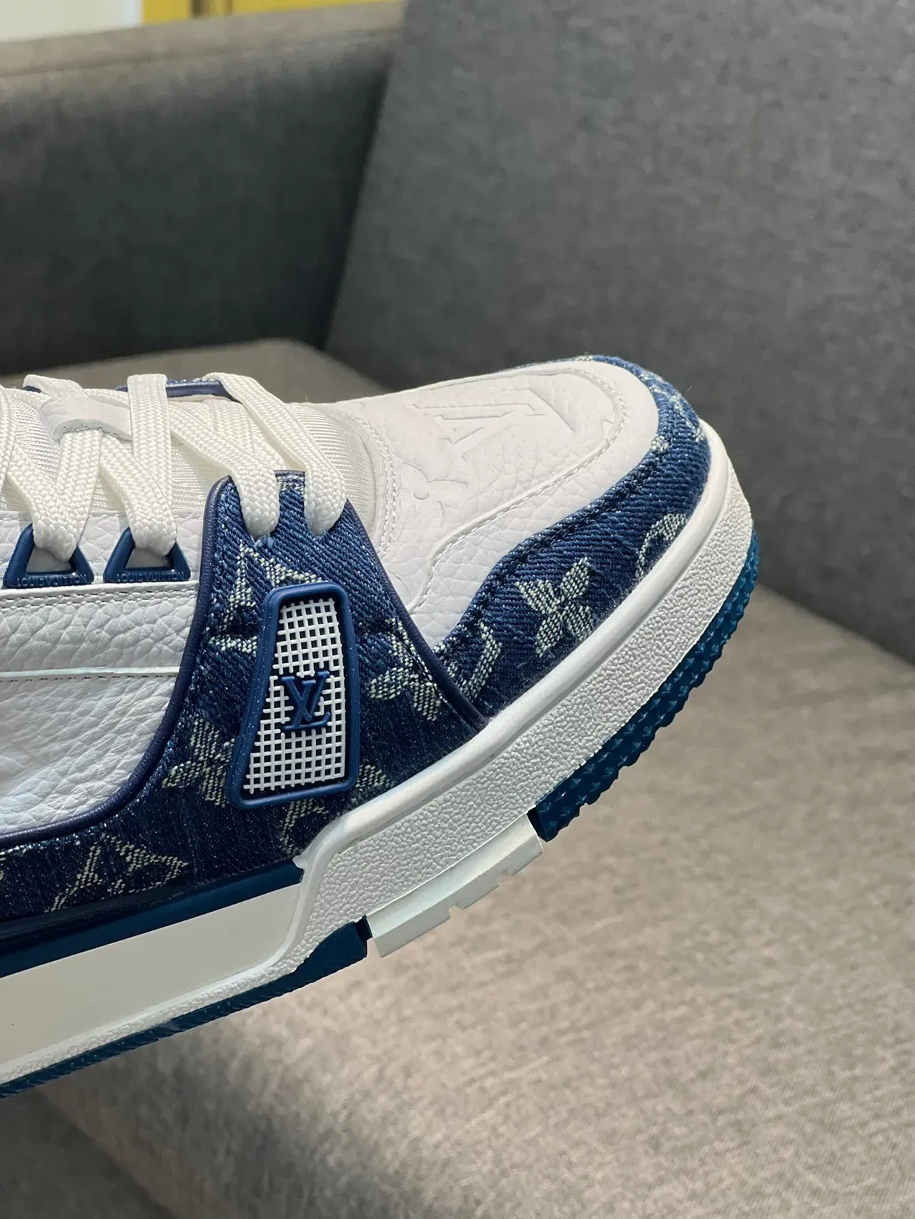 Louis Vuitton LV Trainer Navy White Monogram Jacquard Layered Strap Design Lifestyle Sneakers 3