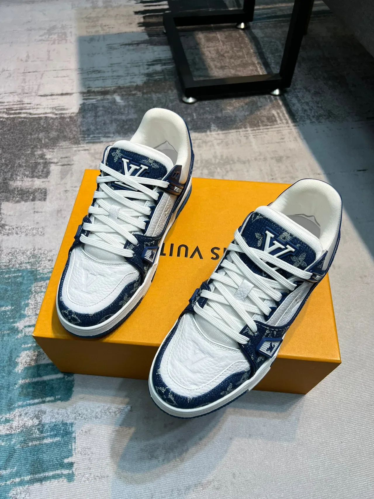 Louis Vuitton LV Trainer Navy White Monogram Jacquard Layered Strap Design Lifestyle Sneakers 5