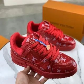 Louis Vuitton LV Trainer Rojo Blanco Brillante Monogrammed Superior Suela Gruesa Esculpida Lifestyle Sneakers