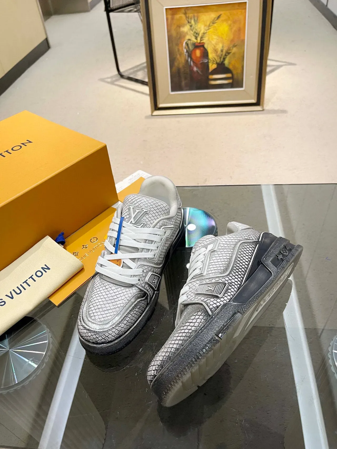 Louis Vuitton LV Trainer Silver White Metallic Scale-Textured Upper Laces Lifestyle Sneakers 2