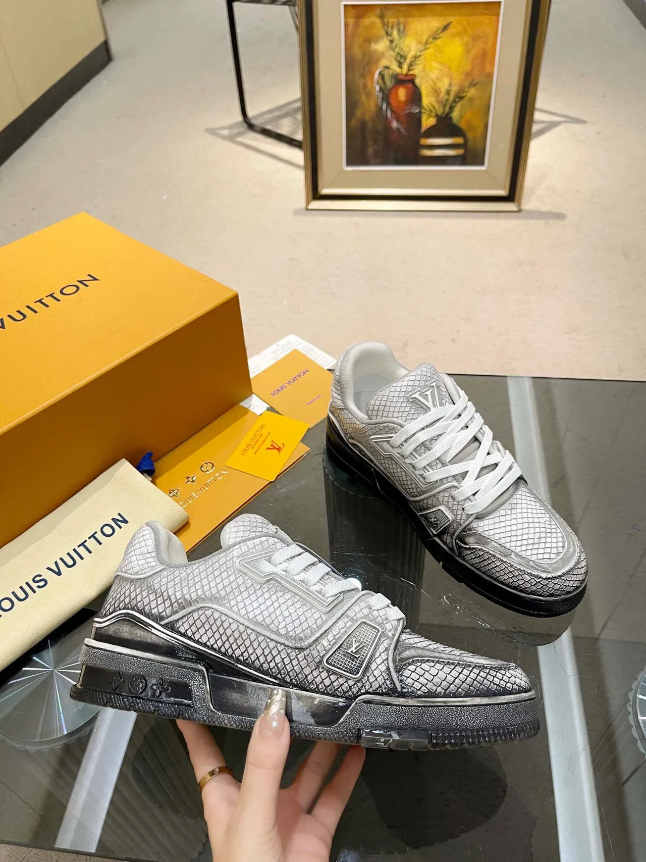 Louis Vuitton LV Trainer Silver White Metallic Scale-Textured Upper Laces Lifestyle Sneakers 8