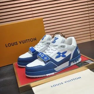 Louis Vuitton LV Trainer Branco Azul baixo couro perfurado tênis lifestyle
