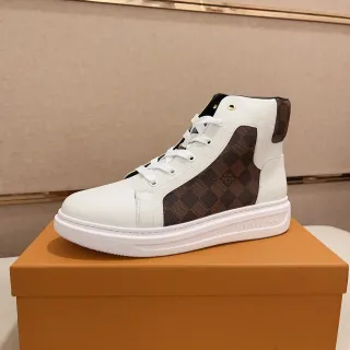 Louis Vuitton LV Trainer Blancos y Marrones High-Top Cuero y Monogram Canvas Lifestyle Sneakers