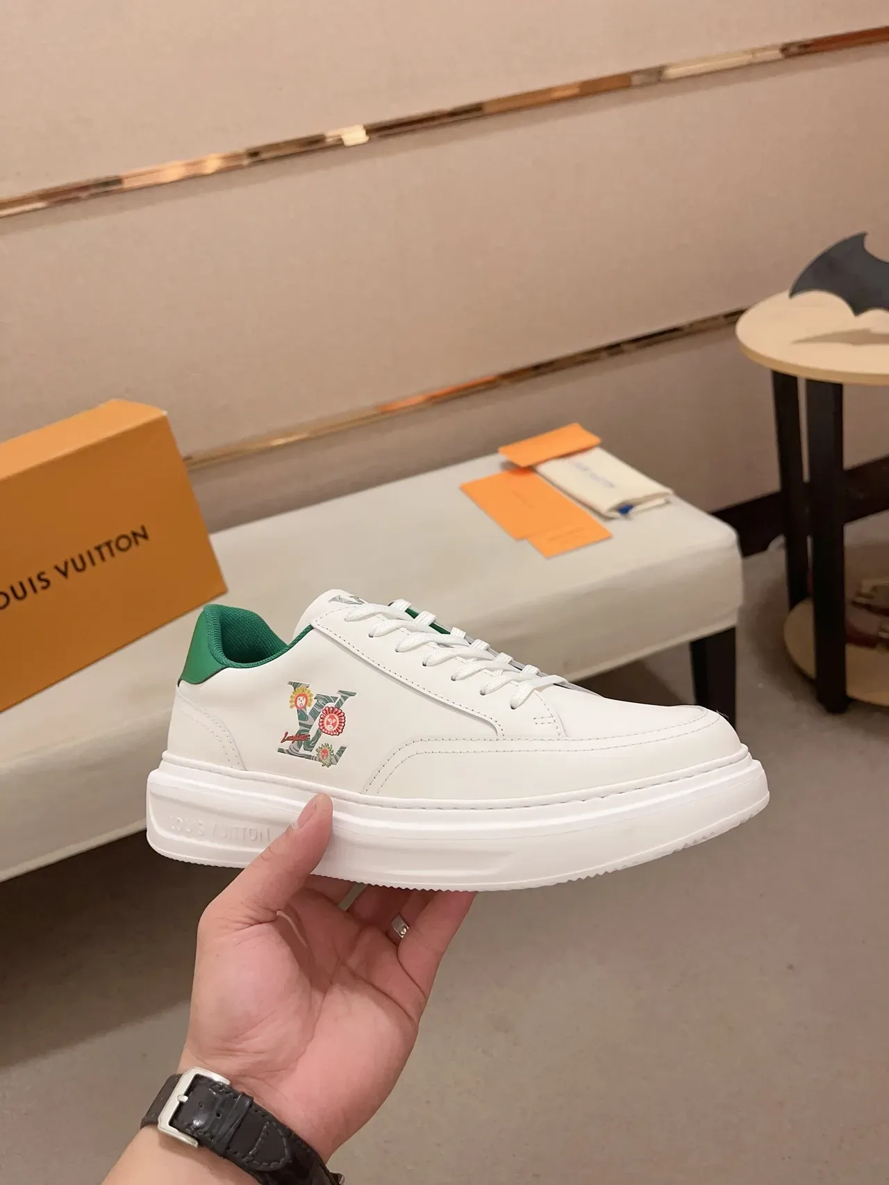 Louis Vuitton LV Trainer White Green Leather Upper Floral-Embroidered Monogram Lifestyle Sneakers 5