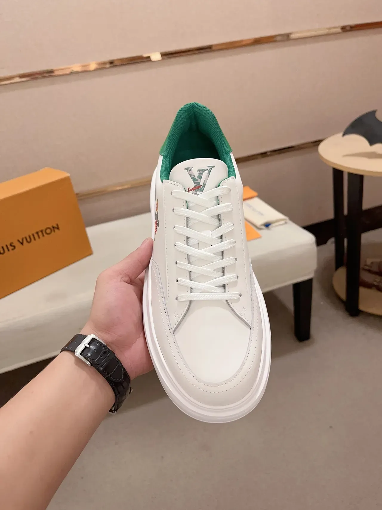 Louis Vuitton LV Trainer White Green Leather Upper Floral-Embroidered Monogram Lifestyle Sneakers 6