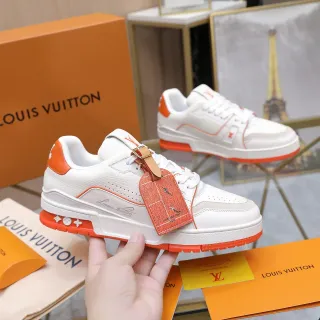 Louis Vuitton LV Trainer zapatillas lifestyle blancas naranjas suela con capas cuero superior perforado