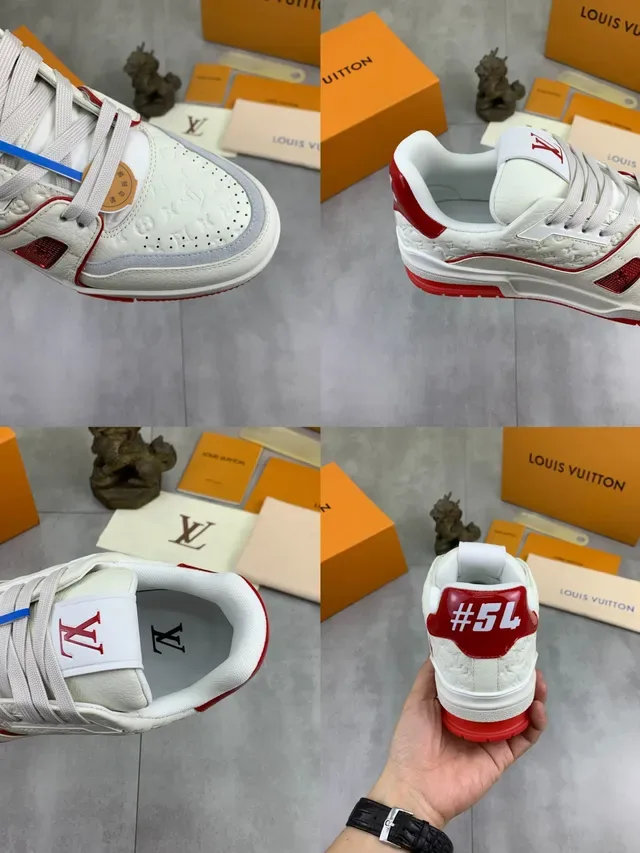 Louis Vuitton LV Trainer White Red Embossed Monogram Leather Geometric Side Panels Lifestyle Sneakers 2