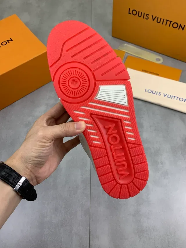 Louis Vuitton LV Trainer White Red Embossed Monogram Leather Geometric Side Panels Lifestyle Sneakers 3