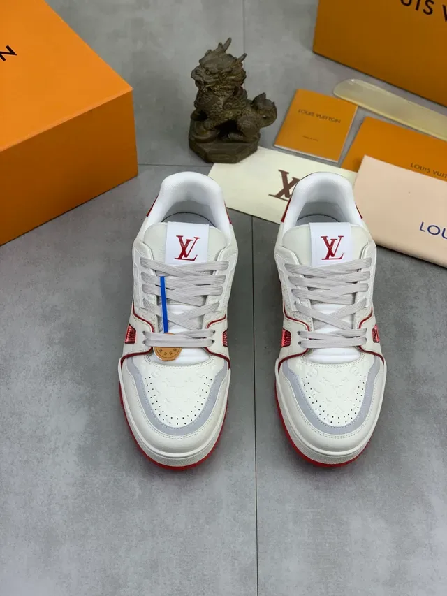 Louis Vuitton LV Trainer White Red Embossed Monogram Leather Geometric Side Panels Lifestyle Sneakers 4