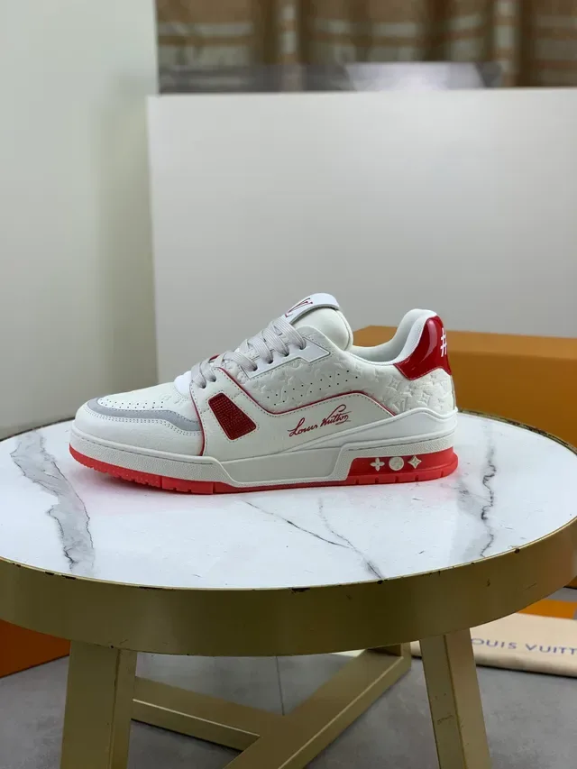 Louis Vuitton LV Trainer White Red Embossed Monogram Leather Geometric Side Panels Lifestyle Sneakers 5
