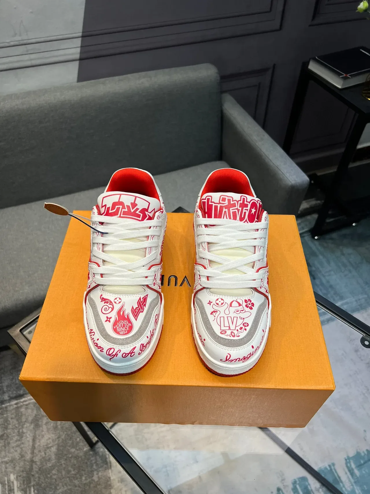 Louis Vuitton LV Trainer White Red Graffiti-Print Upper Sculpted Layered Midsole Lifestyle Sneakers 2
