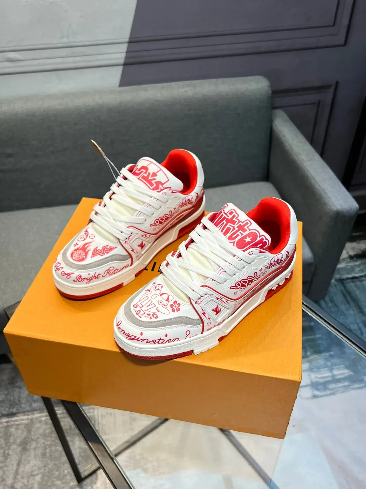 Louis Vuitton LV Trainer White Red Graffiti-Print Upper Sculpted Layered Midsole Lifestyle Sneakers 3
