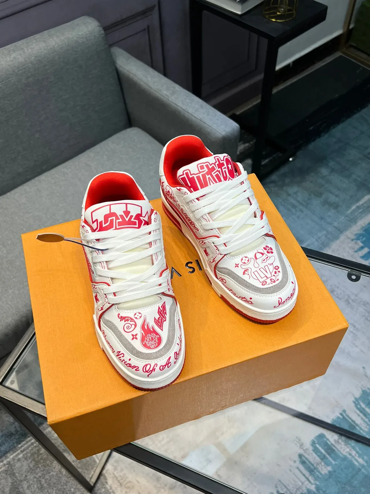 Louis Vuitton LV Trainer White Red Graffiti-Print Upper Sculpted Layered Midsole Lifestyle Sneakers 4