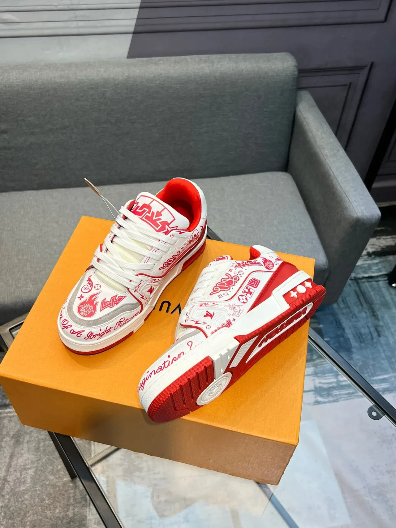Louis Vuitton LV Trainer White Red Graffiti-Print Upper Sculpted Layered Midsole Lifestyle Sneakers 5
