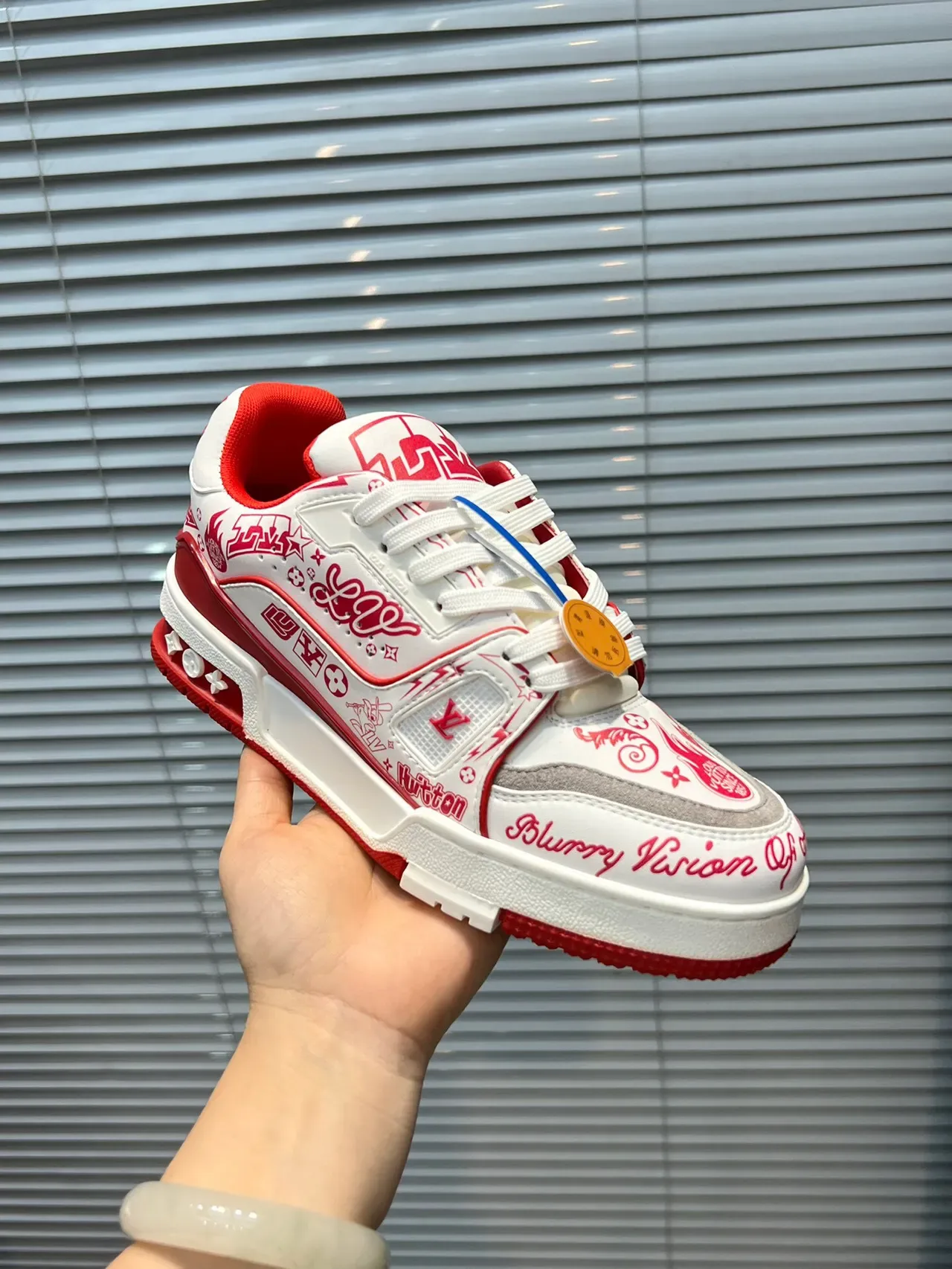 Louis Vuitton LV Trainer White Red Graffiti-Print Upper Sculpted Layered Midsole Lifestyle Sneakers 6