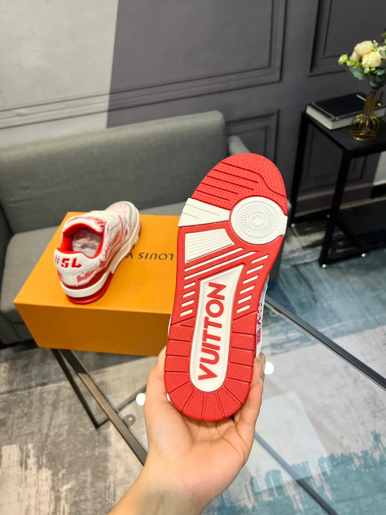 Louis Vuitton LV Trainer White Red Graffiti-Print Upper Sculpted Layered Midsole Lifestyle Sneakers 7