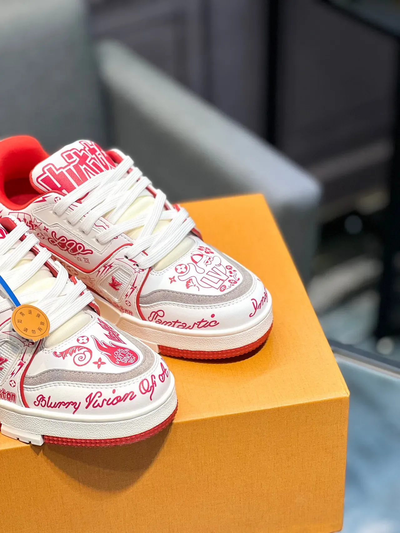 Louis Vuitton LV Trainer White Red Graffiti-Print Upper Sculpted Layered Midsole Lifestyle Sneakers 9