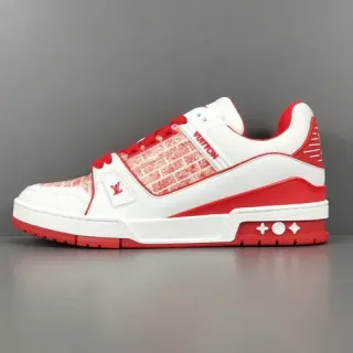 Louis Vuitton LV Trainer Branco Vermelho Low-Top Superposição de Monograma de Bloco Tênis Lifestyle
