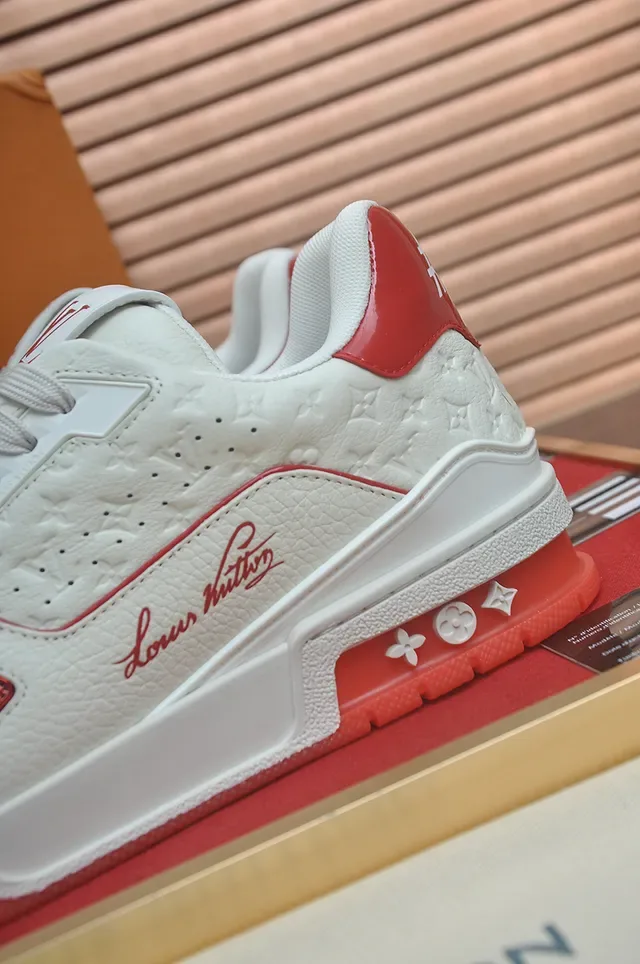 Louis Vuitton LV Trainer White Red Monogram-Quilted Leather Script-Logo Side Panel Lifestyle Sneakers 2