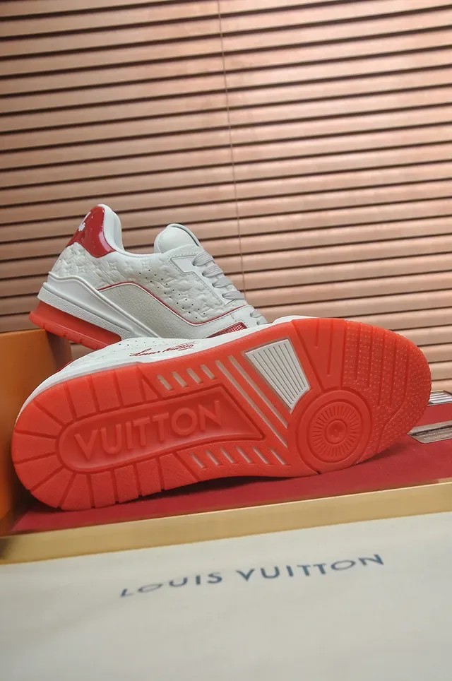 Louis Vuitton LV Trainer White Red Monogram-Quilted Leather Script-Logo Side Panel Lifestyle Sneakers 3