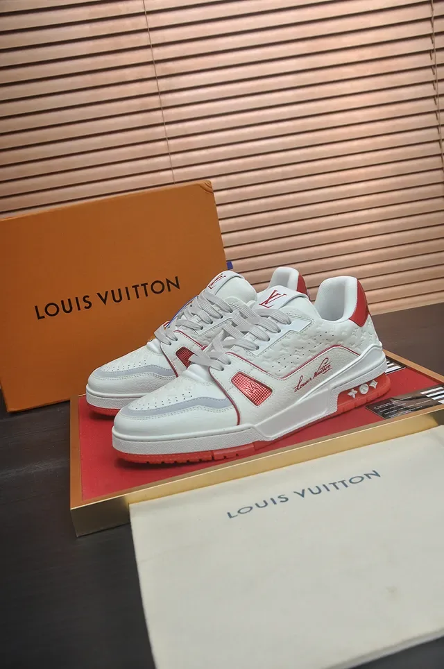 Louis Vuitton LV Trainer White Red Monogram-Quilted Leather Script-Logo Side Panel Lifestyle Sneakers 4