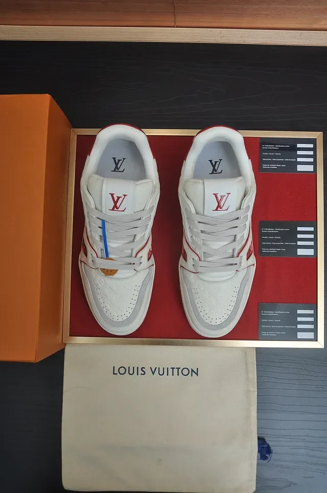 Louis Vuitton LV Trainer White Red Monogram-Quilted Leather Script-Logo Side Panel Lifestyle Sneakers 5