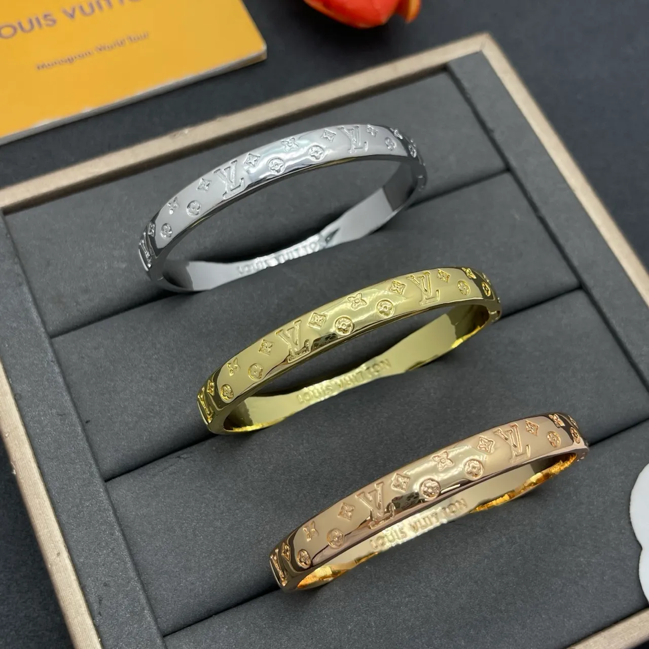 Louis Vuitton Monogram Bangle Gold Polished Engraved Bracelet 2