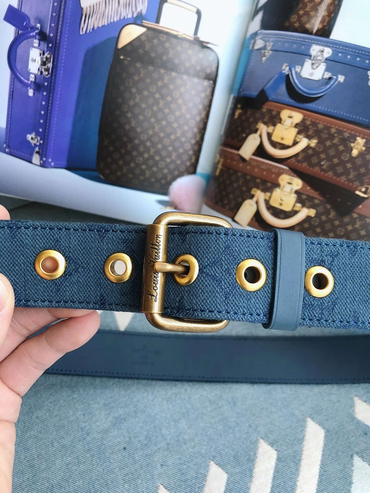 Louis Vuitton Monogram Blue Gold Monogrammed Antique Brass Buckle Canvas Belt 4