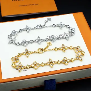 Louis Vuitton Monogram Flower فضة ذهب Floral-Link مزين بالكريستال سوار