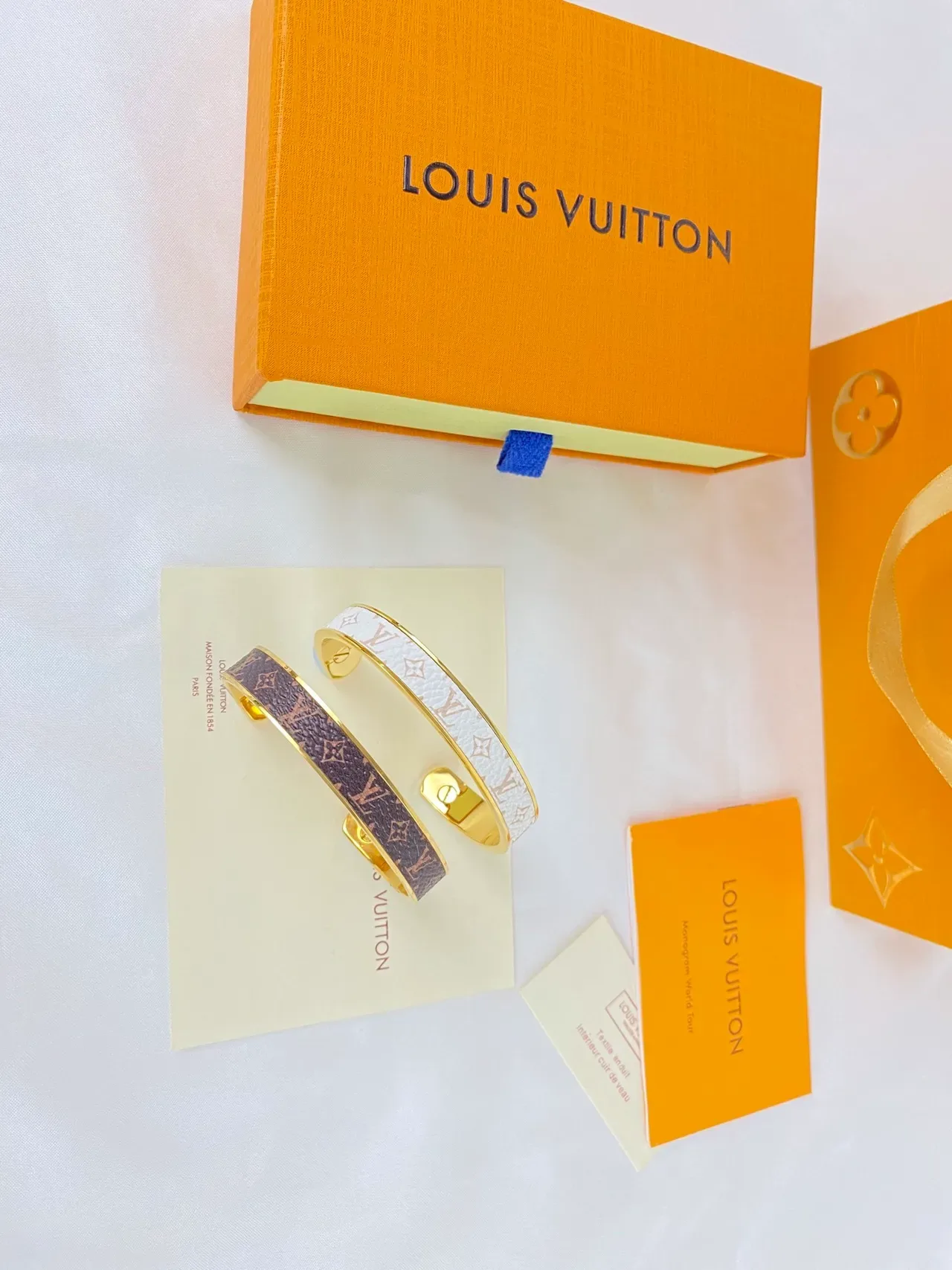 Louis Vuitton Monogram Leather Bangle Brown and White Gold-Tone Bracelets 2
