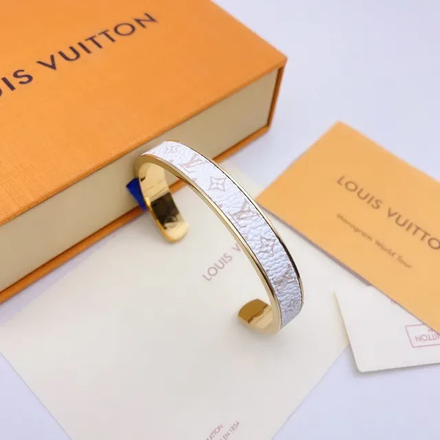 Louis Vuitton Monogram Leather Bangle Brown and White Gold-Tone Bracelets 8