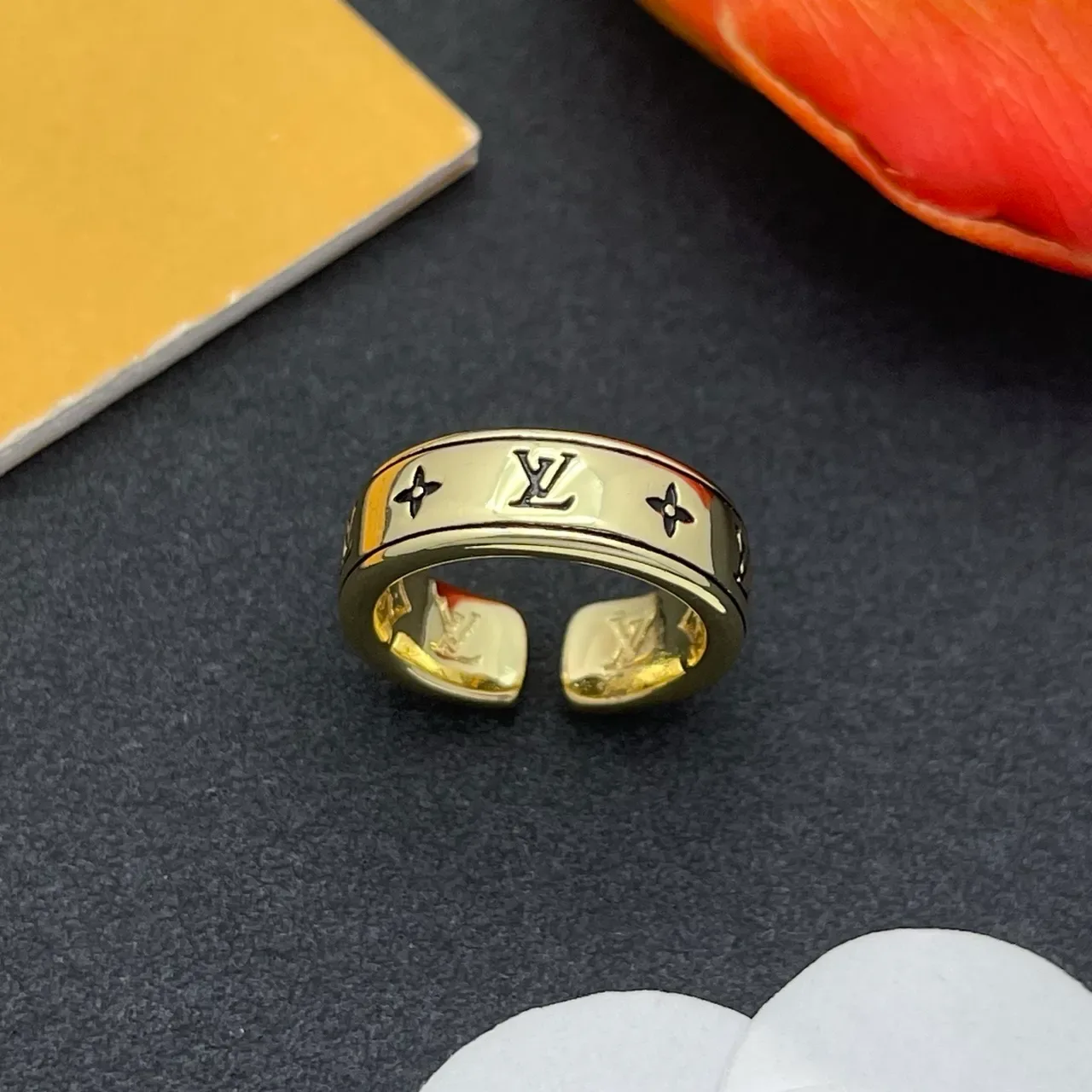 Louis Vuitton Monogram Ring Gold Wide Band Engraved Ring 7