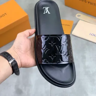 Louis Vuitton Monogram Slide Black Glossy Strap Flat Sole Slippers