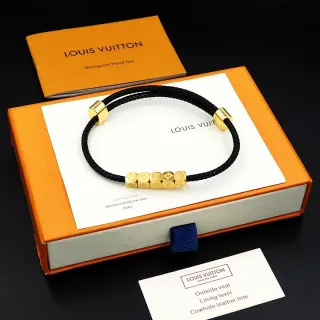 Louis Vuitton Monogram World Tour Pulsera Negra de Cordón Trenzado con Cubo Dorado
